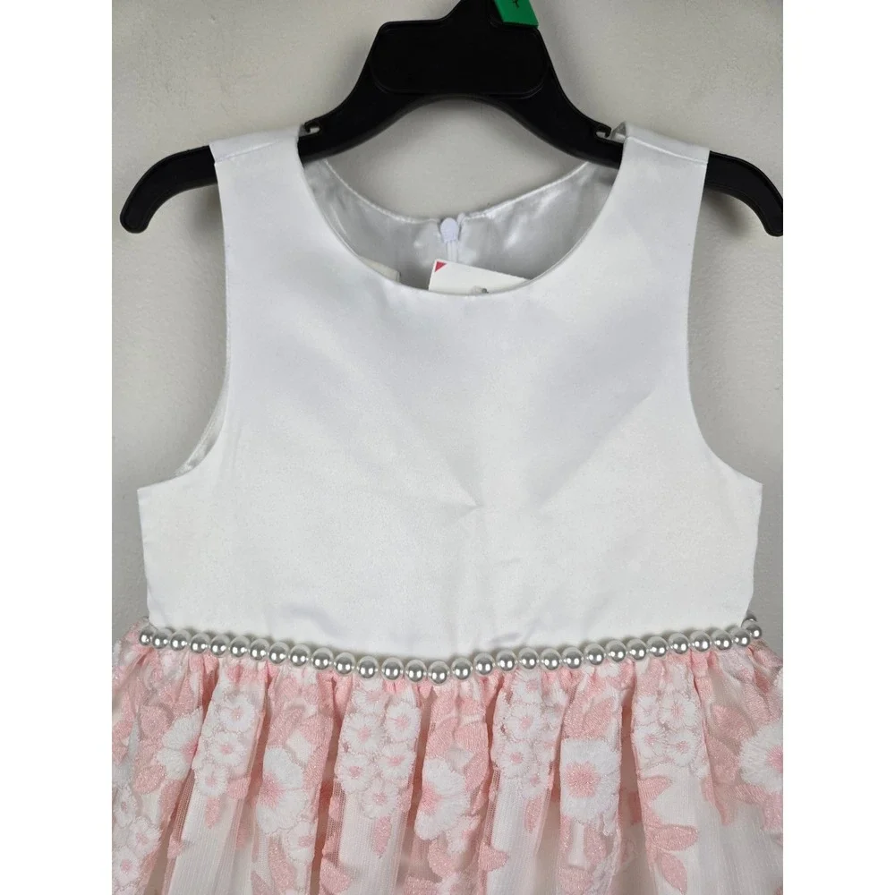 American Princess Girls Pink White Floral Lace Pearl Waist‎ Party Dress Size 5